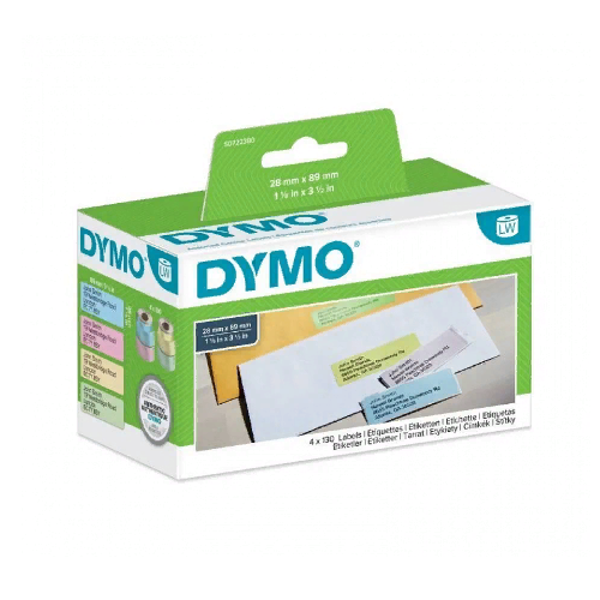 самоклеящаяся термоэтикетка для принтеров dymo label writer, 89 мм х 28 мм, 4 х 130 штук, 4 цвета/рулон